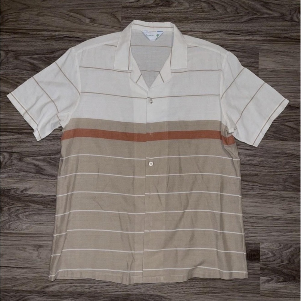 Royale-Air Shirt Mens XL Beige Tan Stripe Short Sleeve Button Up Casual